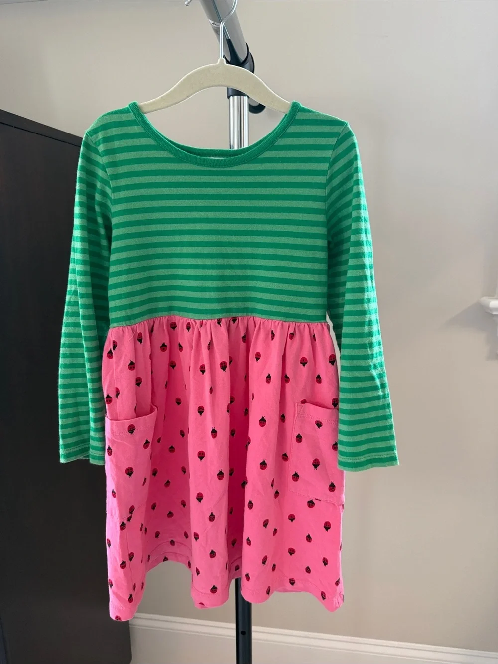 Green & Pink Long-Sleeve Kids Dress with Ladybug Print